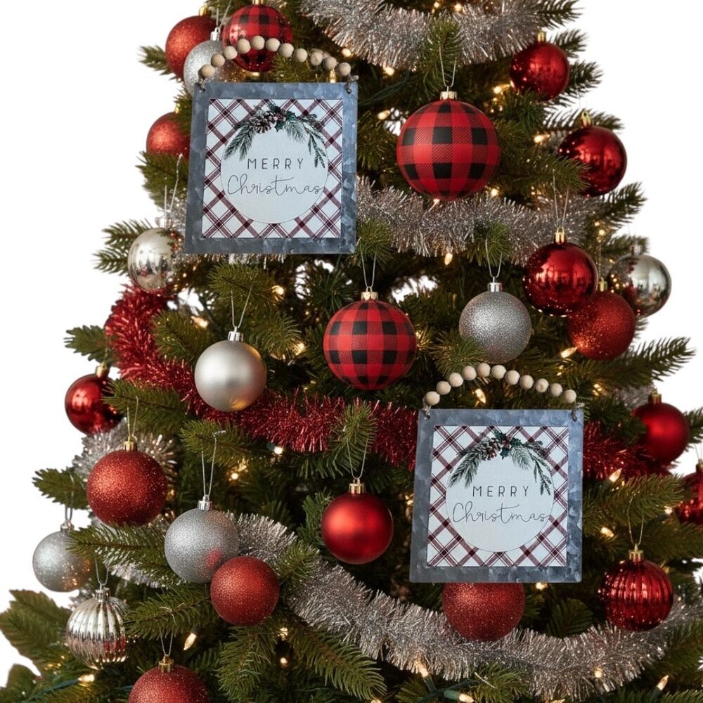Merry Christmas Ornaments Set/2 Farmhouse Wooden Bead Hang Galvanized Metal‎